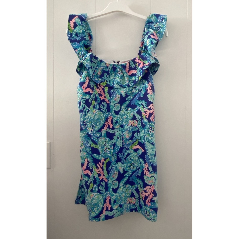 Lilly Pulitzer Zoya Ruffle Romper in Corsica Blue Turtle Villa Size 2 NWT